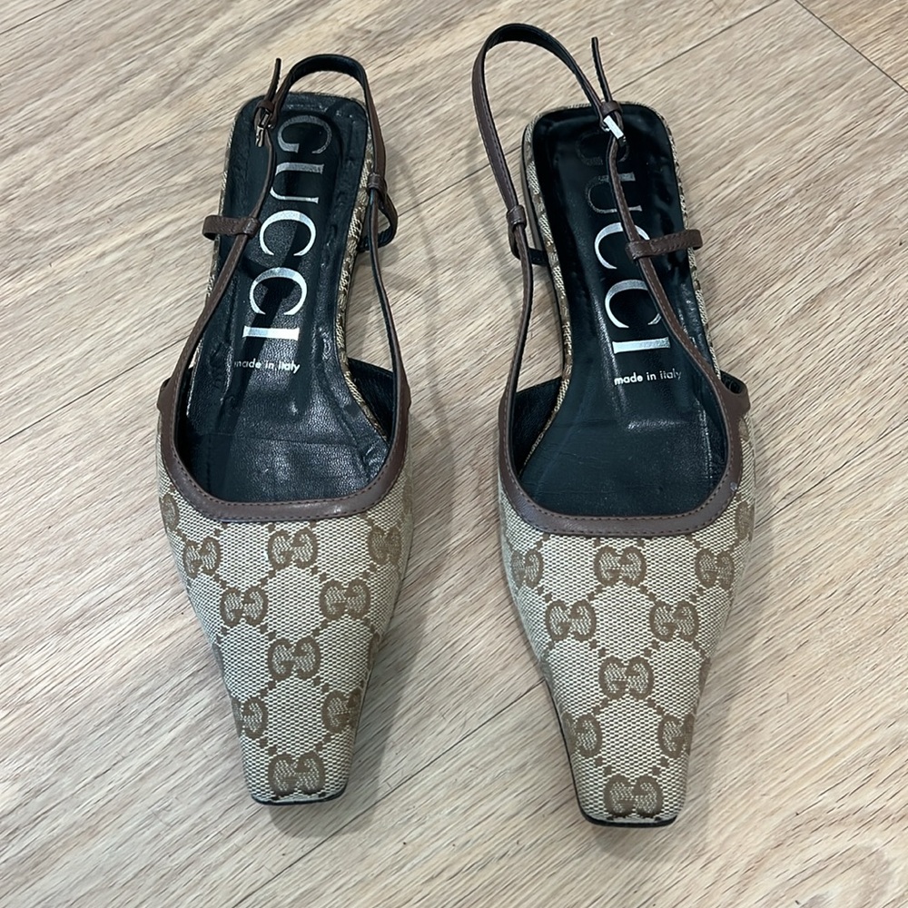 Gucci Brown Monogram Slingback Flats